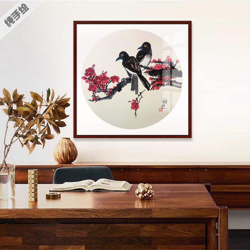 纯手绘国画卧室花鸟字画圆形仿古写意白梅红梅双喜鹊登梅喜上眉梢