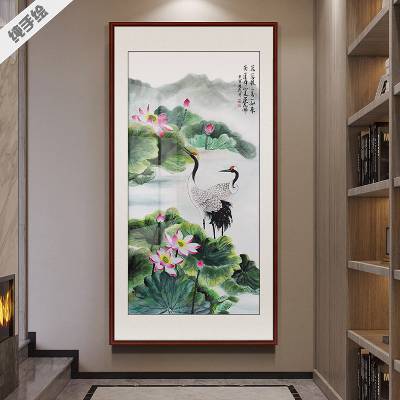 手绘国画客厅办公室挂画壁画装饰画竖幅现代抽象写意彩墨荷花仙鹤