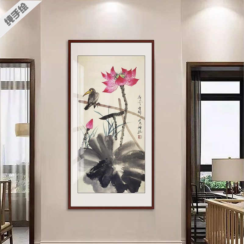 手绘廉洁国画莲花鸟真迹客厅潘天寿现代黑白简约写意仿古荷花莲蓬