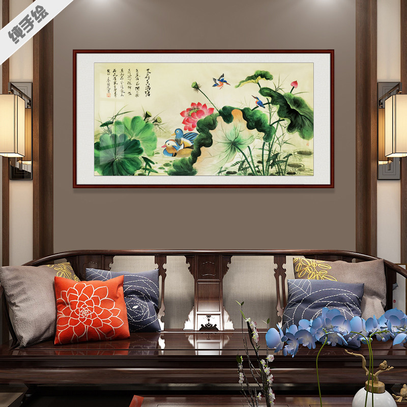 纯手绘手工国画画芯定制客厅酒店横幅专业精品重彩荷花鸳鸯翠鸟