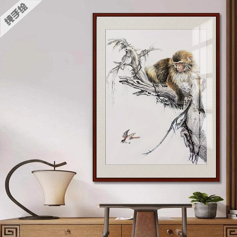 纯手绘新中式花鸟国画挂画精品猴