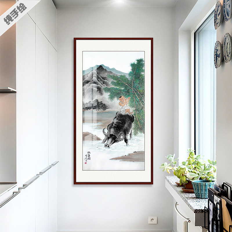 纯手绘专业国画中堂真迹字画书画客厅山水风水竖幅牧童骑牛牧笛图
