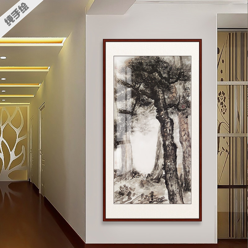 纯手绘手工国画中堂真迹字画玄关过道水墨写意仿傅抱石松柏松树