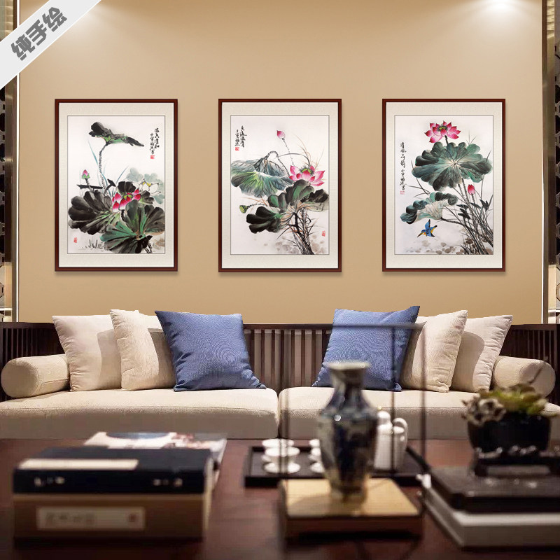 纯手绘国画莲花鸟真迹字画墙画客厅壁画装饰写意水墨荷花三联组画