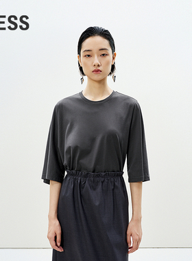 LESS夏季宽松不规则T恤女通勤休闲纯色短袖上衣含桑蚕丝2P4111120