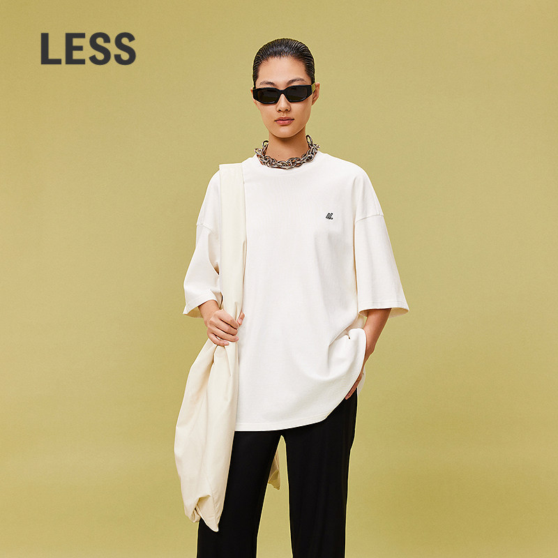 LESS夏季休闲宽松白色短袖T恤女桑蚕丝棉纯色简约上衣2O511