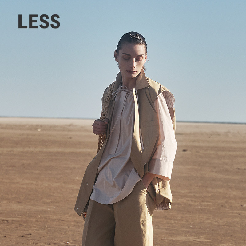 LESS春夏廓形衬衣女系带抽褶圆领松弛感宽松七分袖衬衫2P421