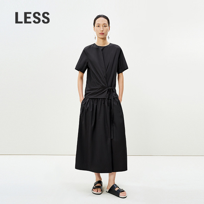 LESS夏拼接设计感抽褶简约休闲棉质T恤短袖连衣裙子2P4G13