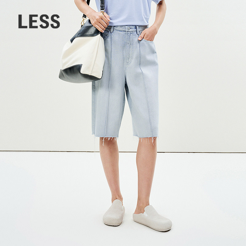 LESS夏季直筒牛仔中裤女高腰显瘦水洗全棉休闲五分裤2P6E14