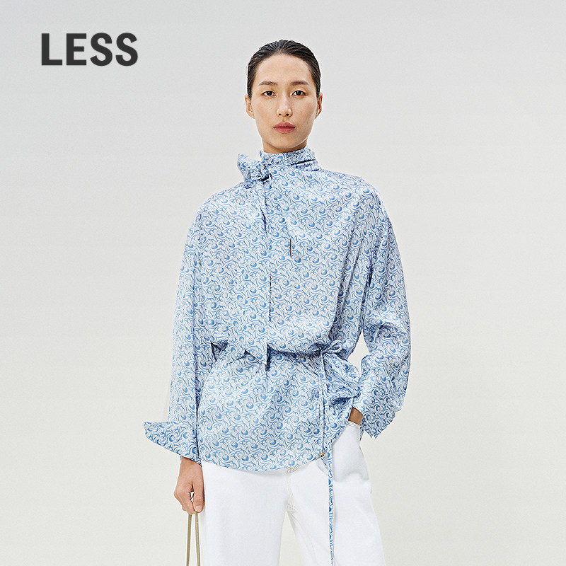 LESS春季桑蚕真丝衬衫女气质设计感印花套头长袖上衣2P1211