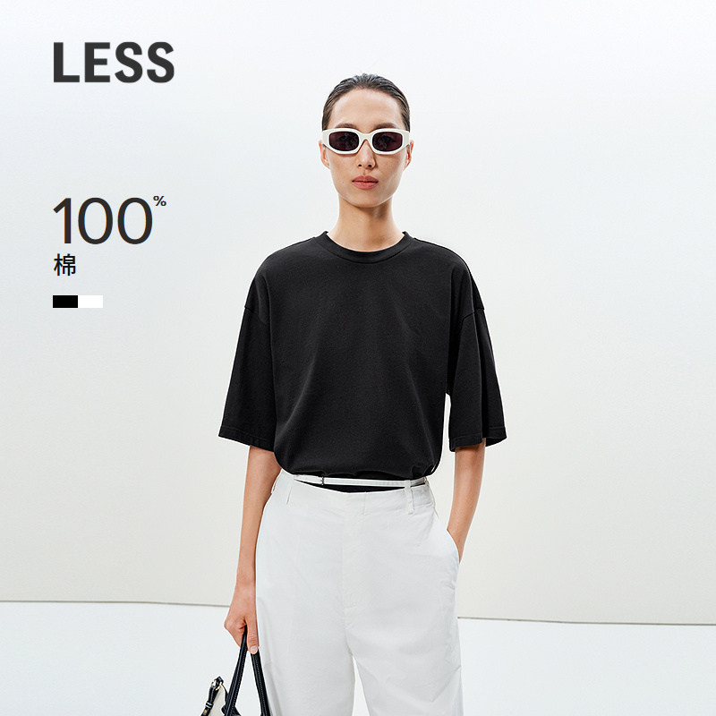 LESS夏季休闲纯色T恤女全棉通勤圆领宽松落肩中袖上衣女2P41