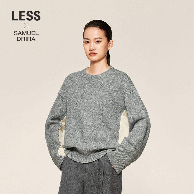 LESS撞色拼接套头针织衫女休闲灰