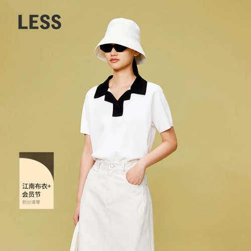 LESS撞色polo领针织衫女翻领加厚通勤宽松正肩短袖上衣2O4314410