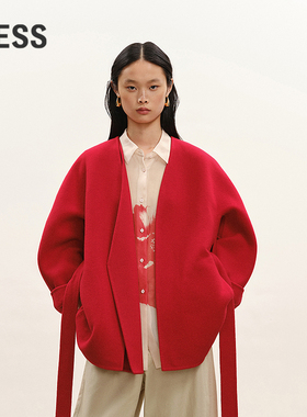 【商场同款/CNY系列】LESS2026春新款系带红色毛呢大衣2Q1810090