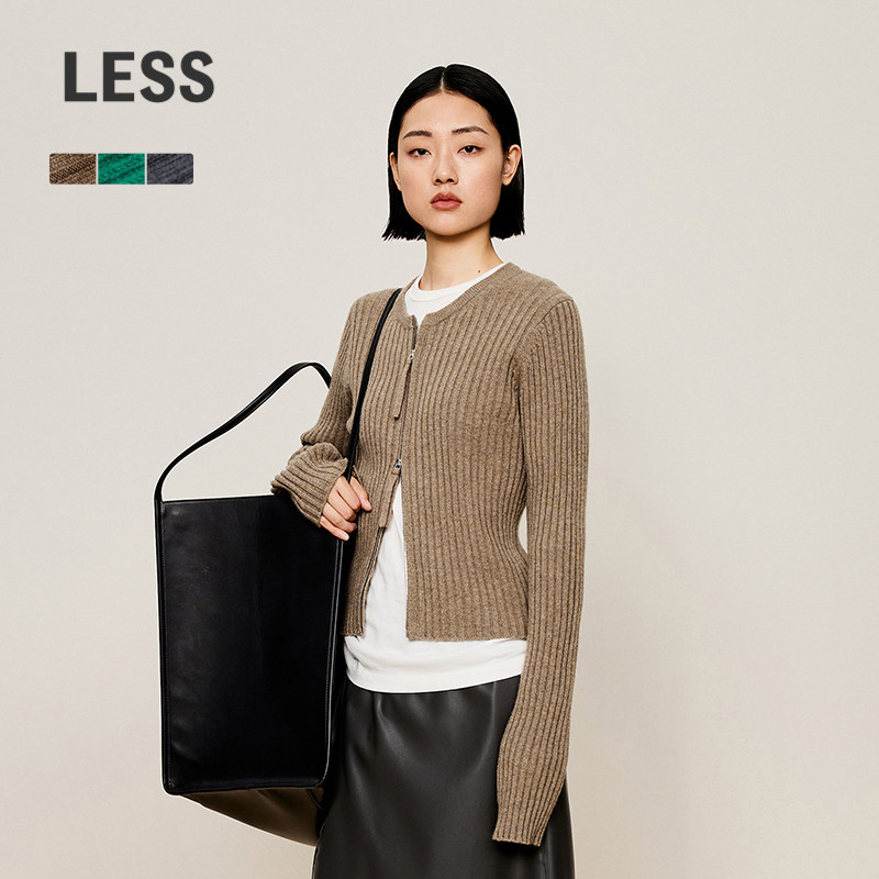 LESS冬绵羊毛修身开襟鼓波工艺毛衫女短款双拉链针织衫2O0311520