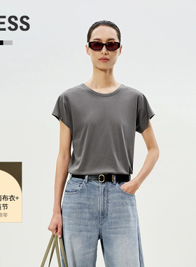 LESS夏简约丝棉质圆领短款气质通勤上衣休闲短袖T恤女2P4110500