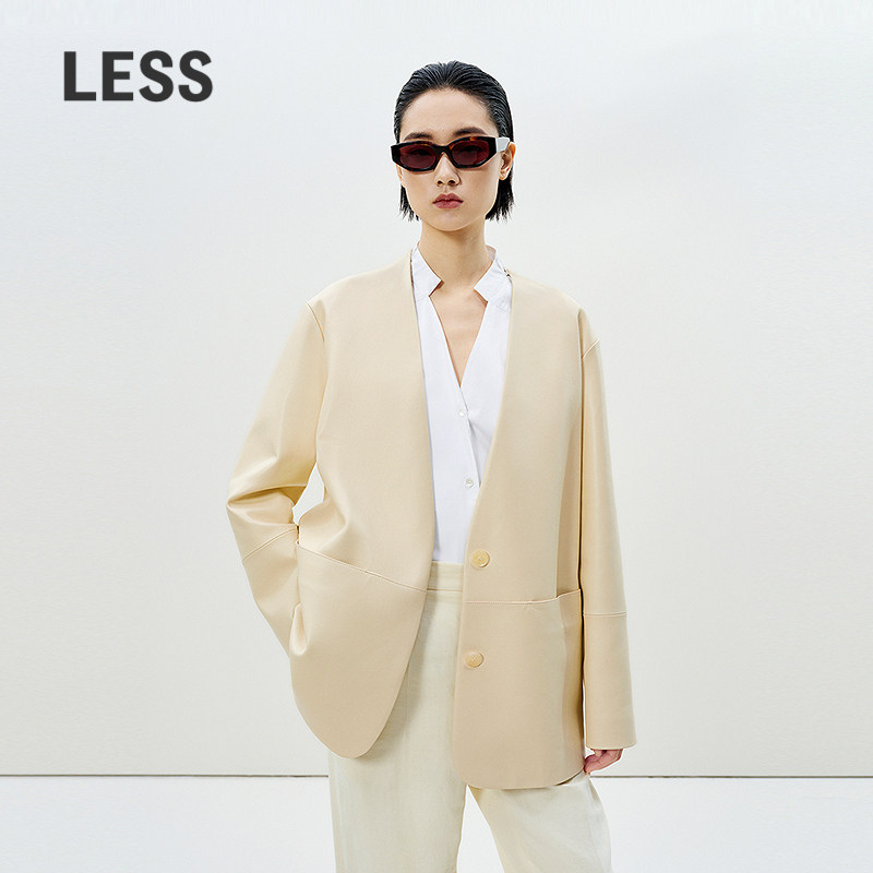 LESS无领纯色羊皮革皮衣外套女