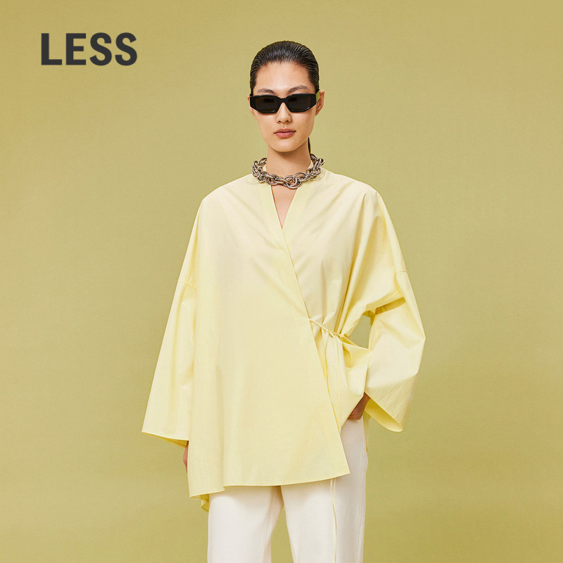 LESS春新中式改良围裹设计全棉V领大方休闲简约长袖衬衫2O32