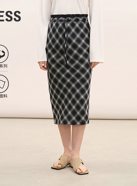 【商场同款】LESS2026春新款艺术格纹开叉直筒半身裙2Q1D15730
