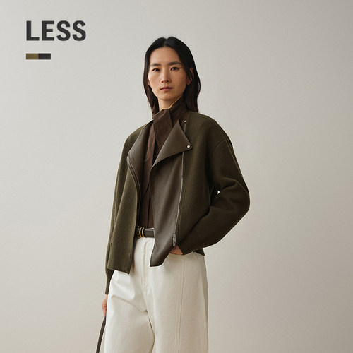 LESS拼接开襟羊绒针织衫