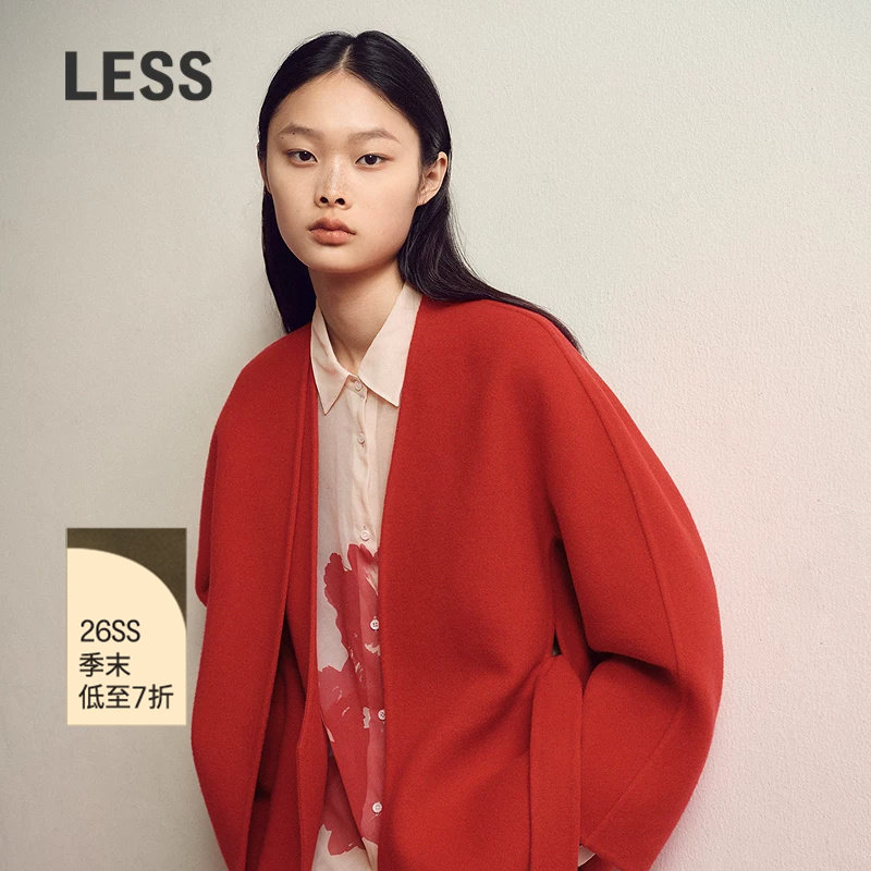 【商场同款/CNY系列】LESS2026春新款系带红色毛呢大衣2