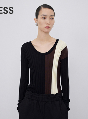 LESS春秋绵羊毛针织衫女休闲撞色拼接圆领修身毛衫2N8312520