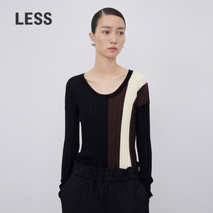 2N8312520 毛衫 LESS春秋绵羊毛针织衫 女休闲撞色拼接圆领修身