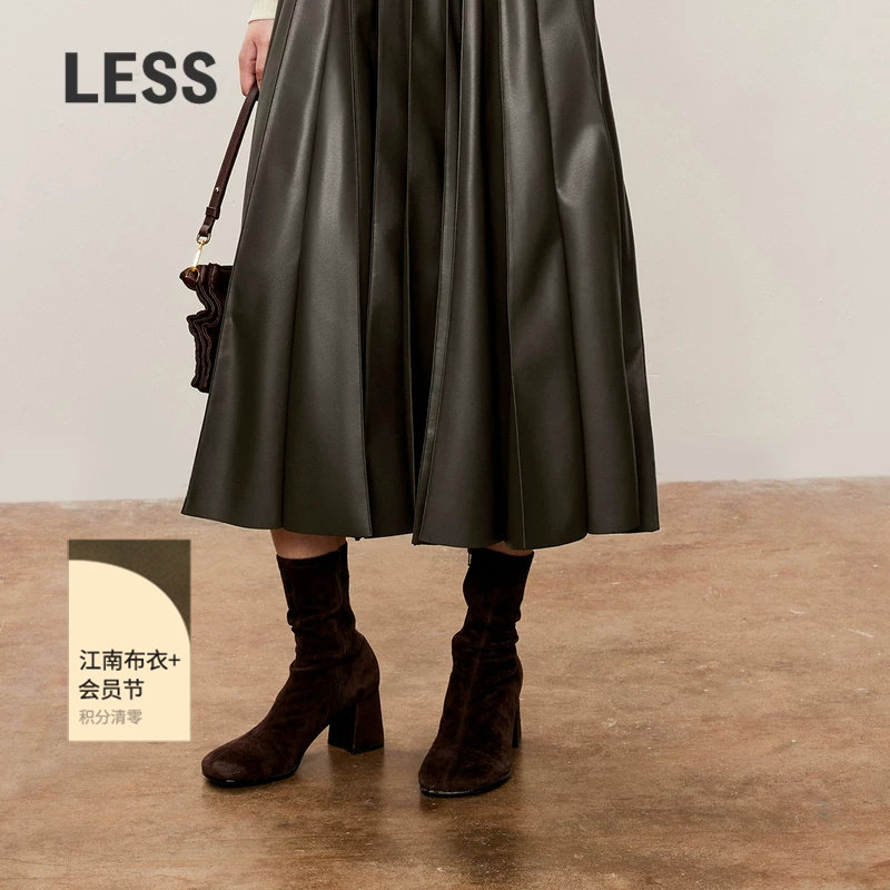 LESS时尚优雅高跟中筒靴女秋冬通勤气质方圆头时装靴子3O9M1