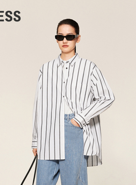 LESS通勤条纹上衣女春秋休闲男友风全棉宽松长袖衬衫女2O0210510