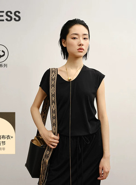 LESS秋季气质休闲设计感V领抽绳无袖黑色T恤女2P7114660