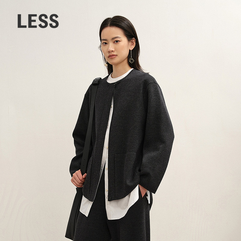 LESS假两件无领拉链针织衫外套