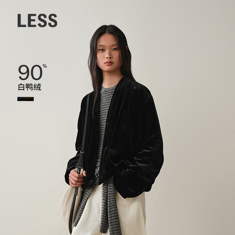 【商场同款】LESS2026冬新款V领丝绒老钱风白鸭绒羽绒服2Q0C15350