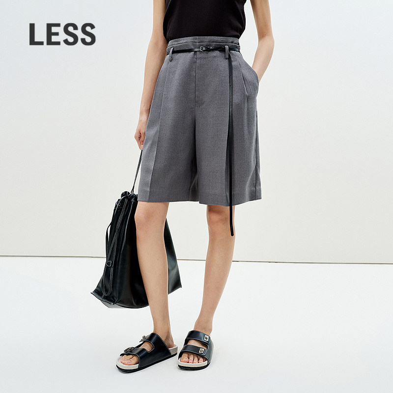 LESS夏高腰西装中裤女通勤职场百慕大宽松直筒休闲短裤2P4E1