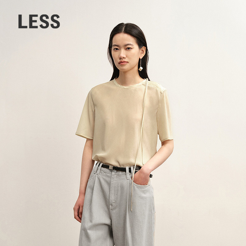 LESS秋休闲通勤桑蚕丝垂感系带短袖套头上衣女2P7215720