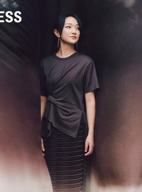 【周迅同款】LESS夏褶皱捏褶棉质圆领设计感短袖T恤女2P4111950
