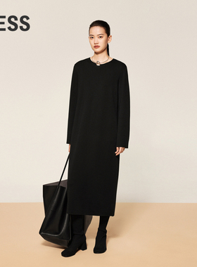 LESS休闲长袖毛衫连衣裙女秋冬通勤圆领绵羊毛黑色长裙2O9G14790