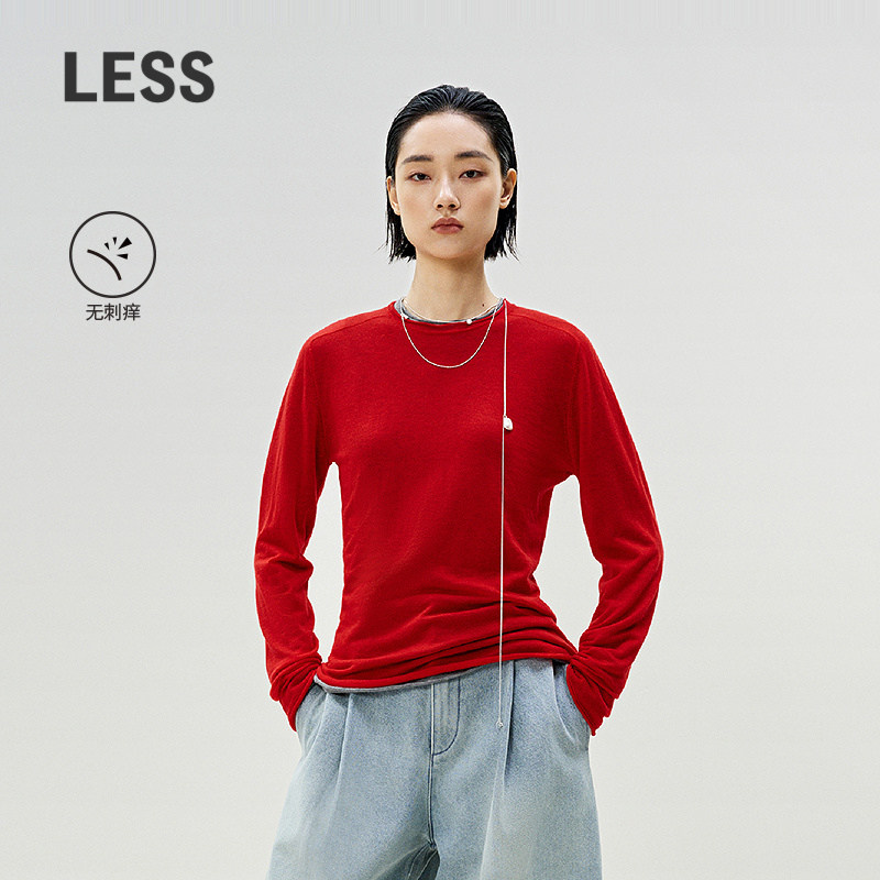 【0压系列】LESS绵羊毛打底薄款套头红色毛衫亲肤针织衫2P13