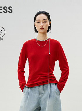 【0压系列】LESS绵羊毛打底薄款套头红色毛衫亲肤针织衫2P1310980