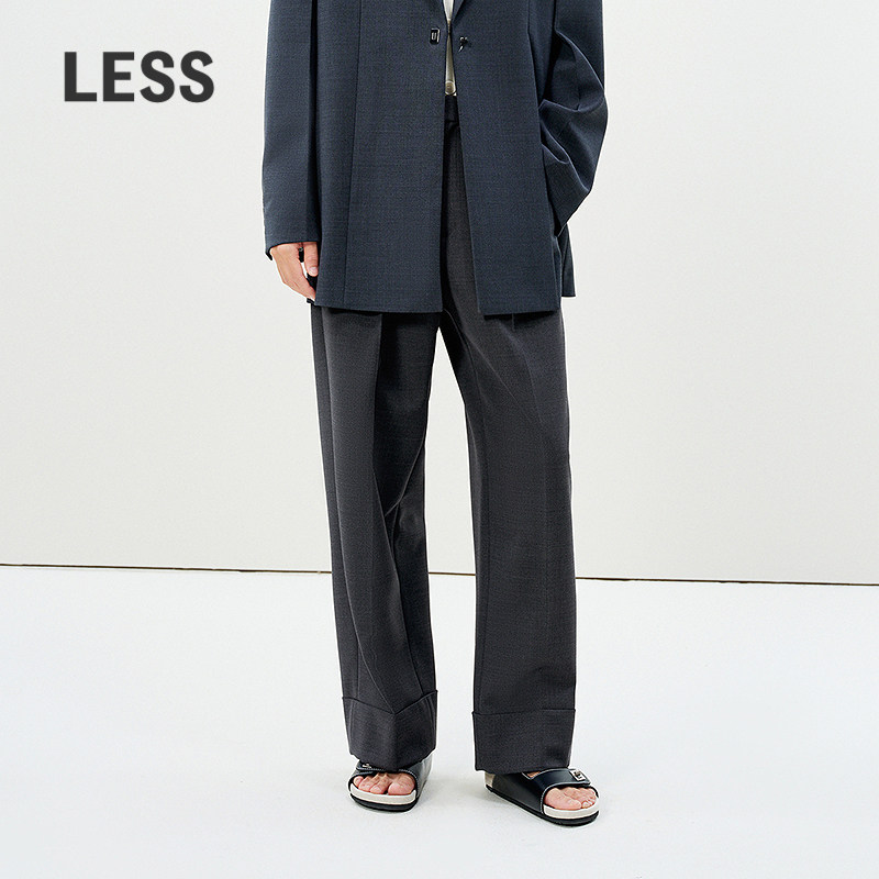 LESS春季精纺半松紧西装裤女通勤职场阔腿直筒休闲裤子2P2E1