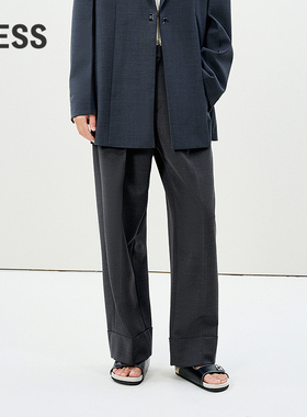 LESS春季精纺半松紧西装裤女通勤职场阔腿直筒休闲裤子2P2E14110