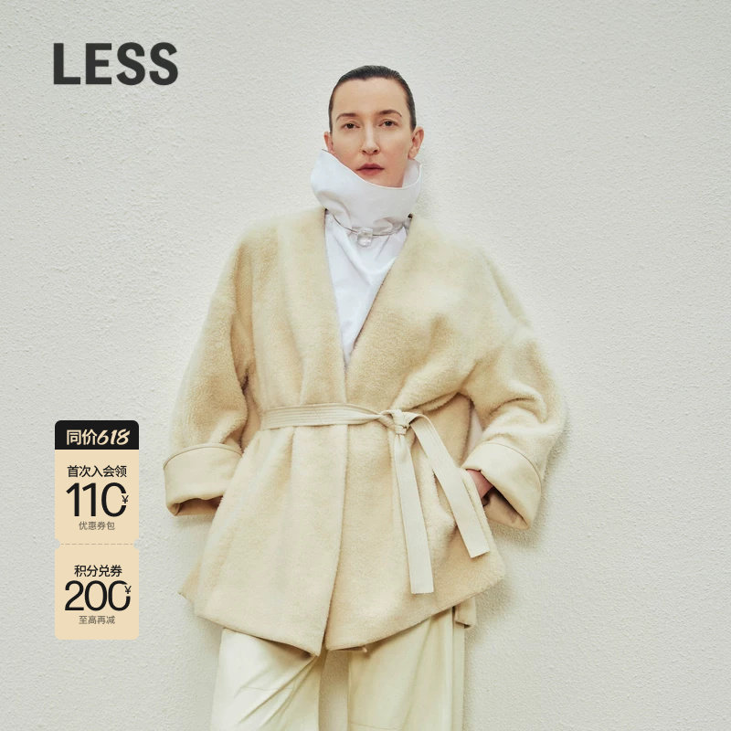 LESS冬季皮草外套女无领宽松正反两穿系带皮毛一体上衣2O0A1