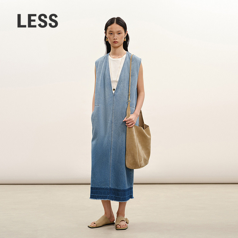 LESSV领无袖口袋牛仔连衣裙图片