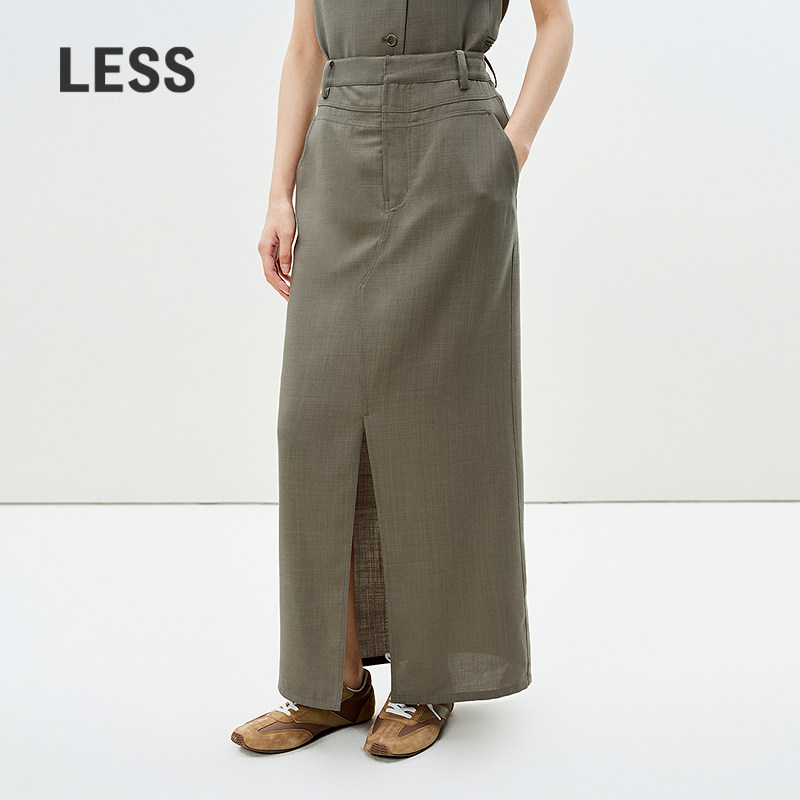 LESS夏意大利进口绵羊毛长款直筒裙开叉气质半身裙2P5D104