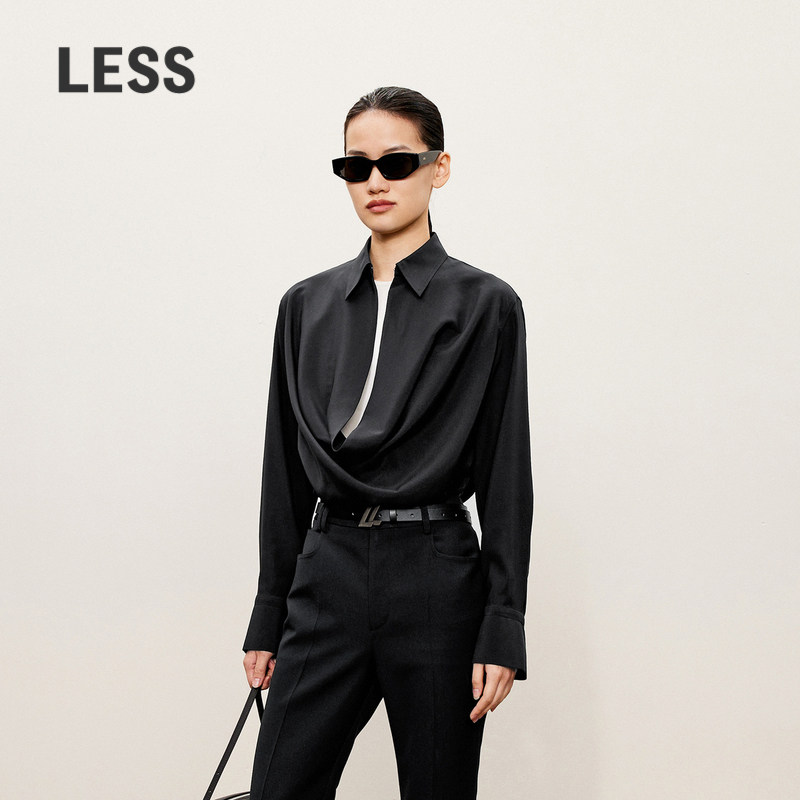 LESS春秋荡领长袖衬衫女6A桑蚕真丝黑色通勤气质衬衣2O721