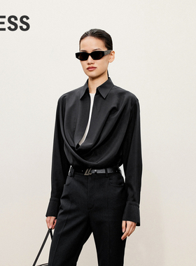 LESS春秋荡领长袖衬衫女6A桑蚕真丝黑色通勤气质衬衣2O7211200