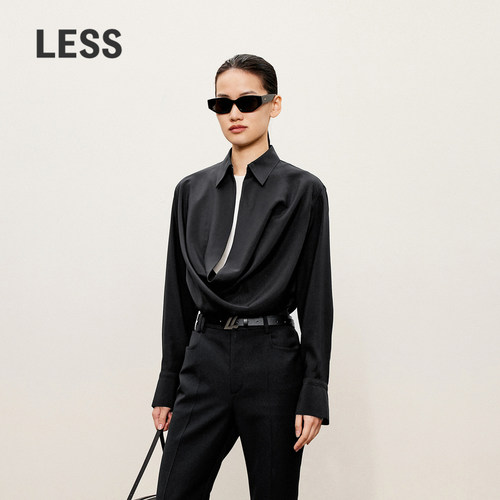 LESS春秋荡领长袖衬衫女6A桑蚕真丝黑色通勤气质衬衣2O7211200