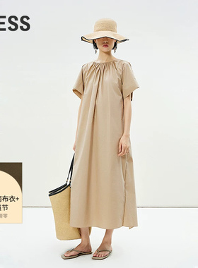 LESS夏季圆领短袖连衣裙女全棉廓形慵懒风宽松长款裙子2P6G13980