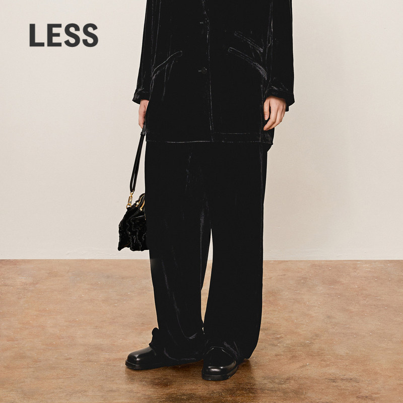 LESS复古通勤黑色丝绒裤女秋冬松紧腰阔腿直筒休闲长裤2O8E12360,女装/女士精品,休闲裤,淘宝优惠券,粉丝福利购,淘宝优惠卷