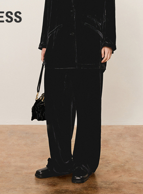 LESS复古通勤黑色丝绒裤女秋冬松紧腰阔腿直筒休闲长裤2O8E12360