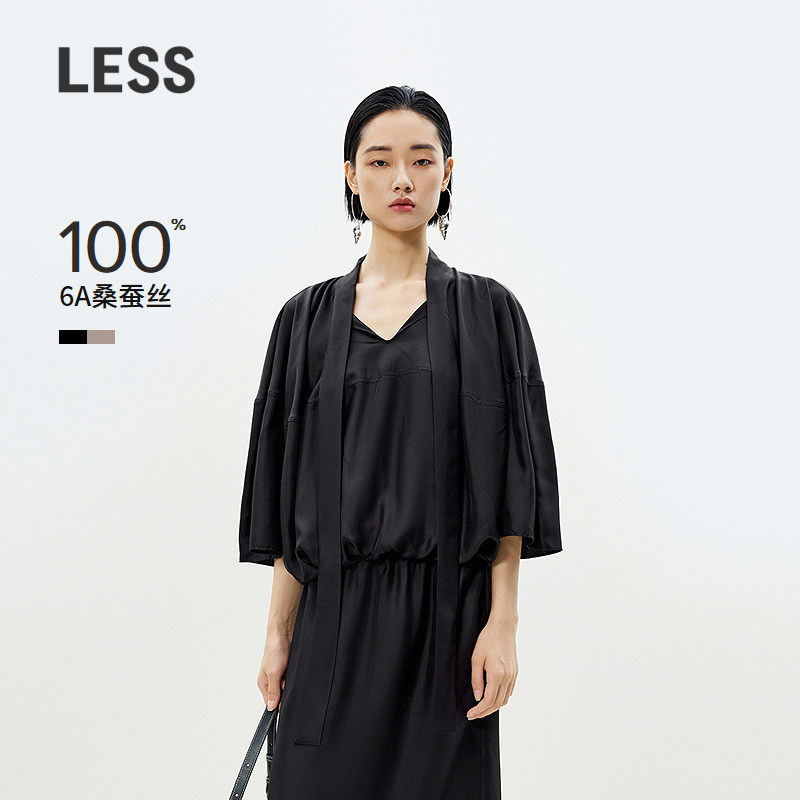 LESS夏季桑蚕丝衬衫女通勤气质设计感宽松飘带短袖上衣2P421